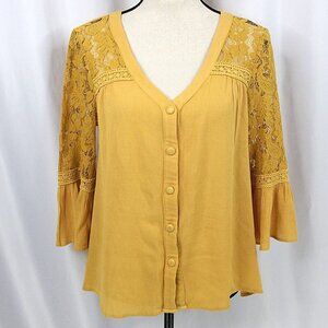 Blushing Heart Lace Inset Top Womens Size Medium Mustard Yellow Bell Sleeve
